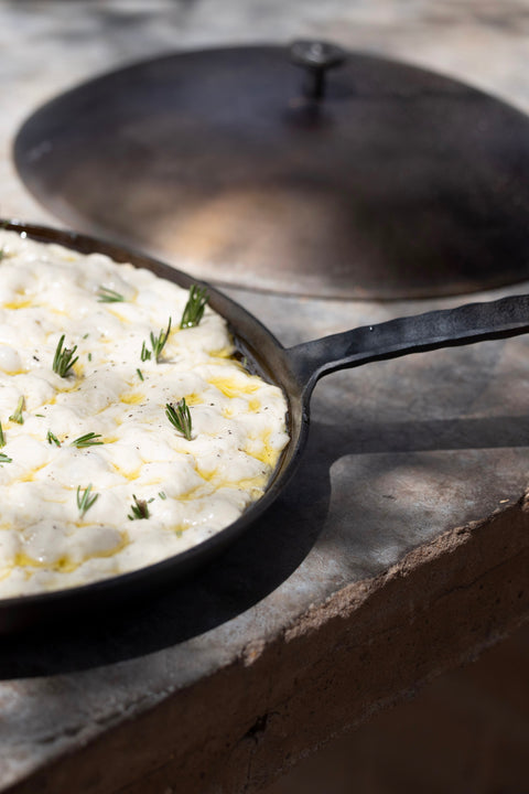 no teflon non stick solid steel skillet pan focaccia steel lid hand made camping cape town