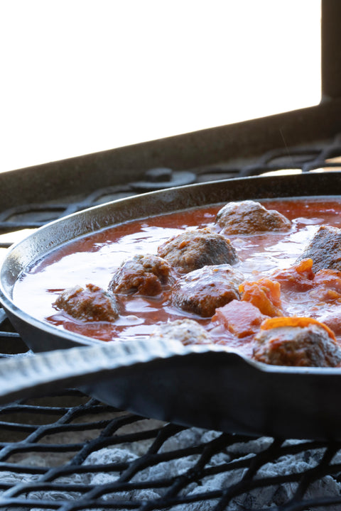 steel pan pasta meatballs skillet braai fire cook hammered handle no chemicals 
