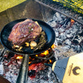 fire meat camp sear vegetables coals heat hammered texture steel pan cape town nonstick 