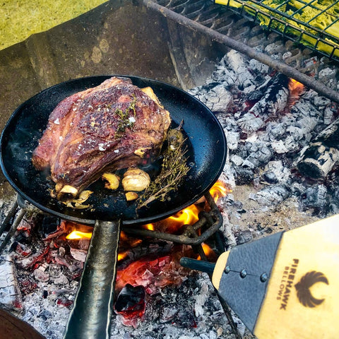 fire meat camp sear vegetables coals heat hammered texture steel pan cape town nonstick 