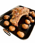 potato and lamb beef roast solid steel pan natural non stick seared meat regulated heat large fire cooking 
