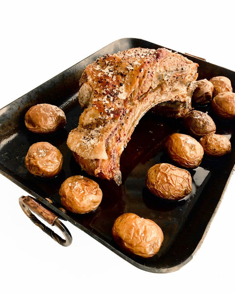 potato and lamb beef roast solid steel pan natural non stick seared meat regulated heat large fire cooking 