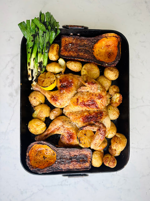 full Chicken vegetable roast solid steel  roasting dish frying pan fire healthy cooking cape town 