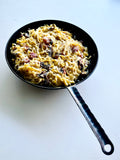 Alfredo pasta solid steel pan campfire nonstick healthy cooking no teflon comfort food hammered handle forged 